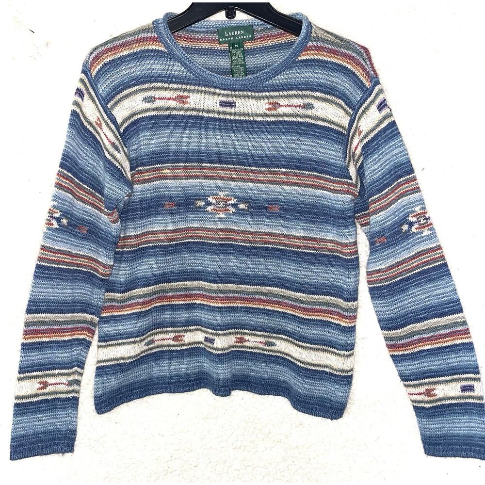 Y2K vtg. Ralph Lauren Knit Serape Aztec striped Sweater Sz Medium Southwestern